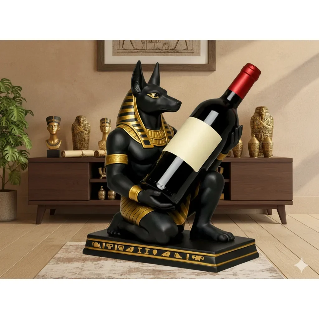 Suporte Porta Garrafa de Vinho Anúbis – Deus Egípcio Luxo